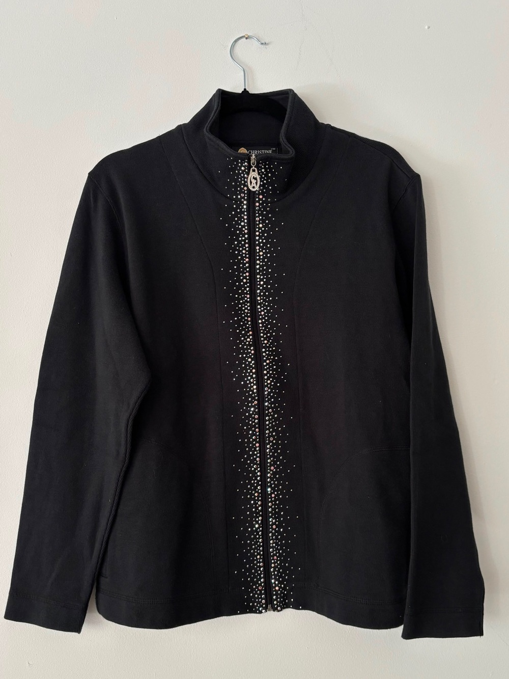 Christine Alexander Womens M Black Rhinestone Zip Front Jacket Mock Neck Top